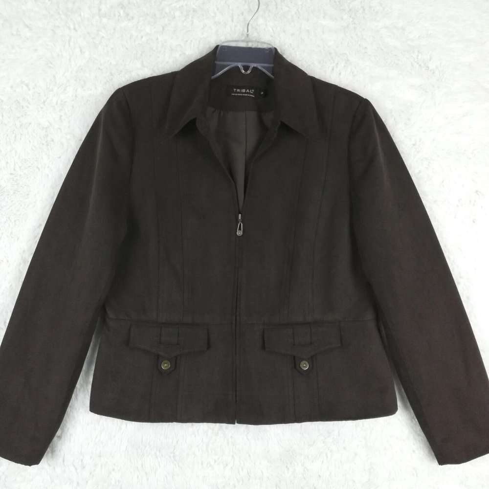 Tribal Womens Jacket Blazer Faux Suede Full Zip Collar Brown Shoulder Pads 12